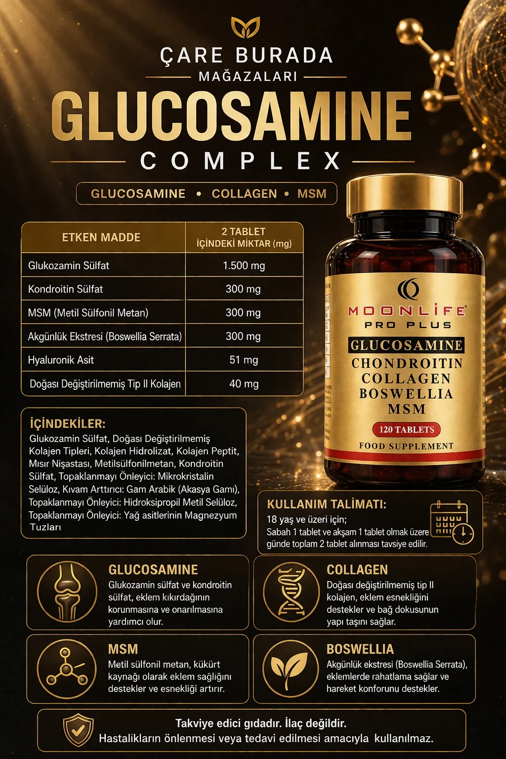 Moonlife - Glukozamin, Kondroitin, Sülfat Kapsül 120 Adet (Glukozamin & MSM & Kolajen & Akgünlük & Kondroitin)
