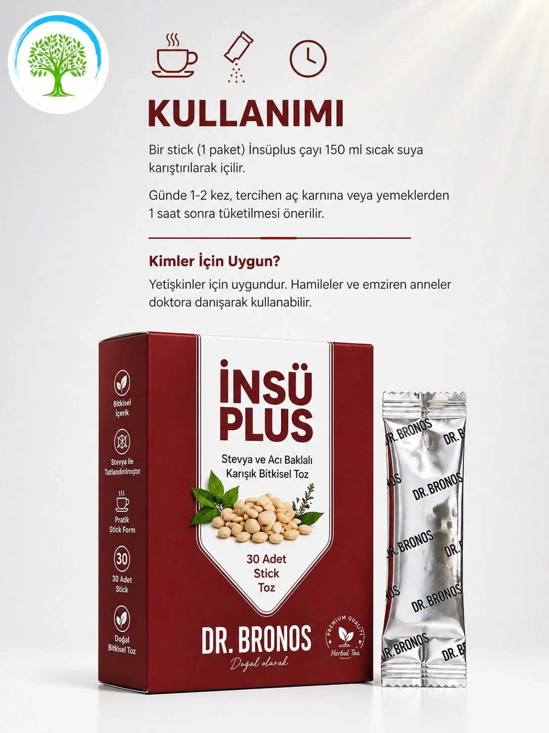 ÇareBurada | Dr. Bronos İnsü Plus Stevya ve Acı Baklalı Karışık Bitkisel Toz 30 Stick
