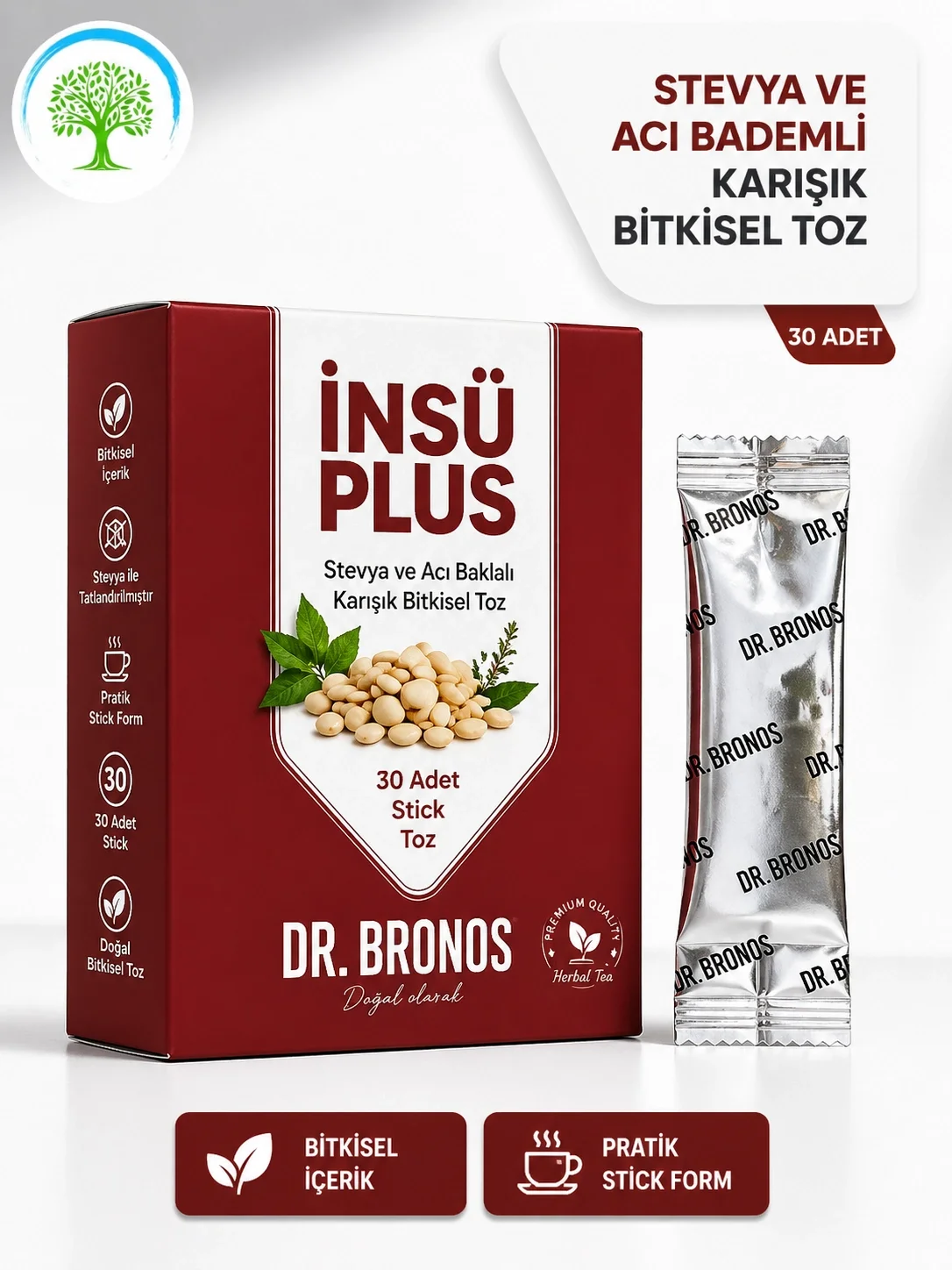 ÇareBurada | Dr. Bronos İnsü Plus Stevya ve Acı Baklalı Karışık Bitkisel Toz 30 Stick