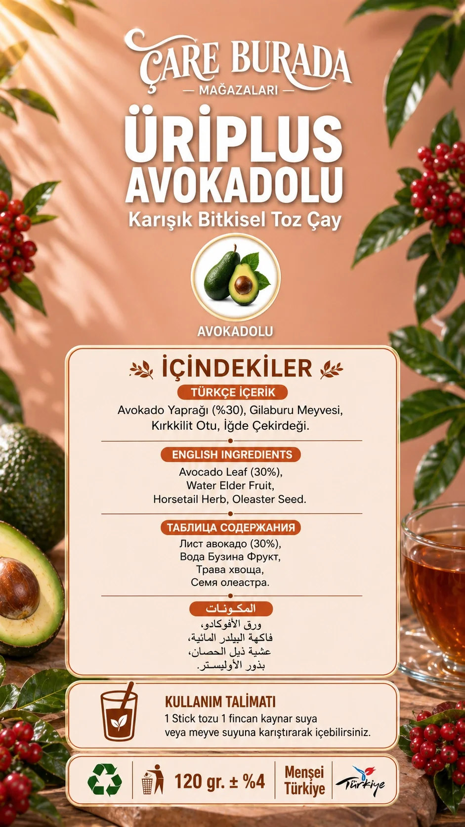 Dr. Bronos - ÜRİPLUS Avakadolu 30'lu Stick Çay (Avakado & Gilaburu & Kırkkilit Otu & İğde Çekirdeği)