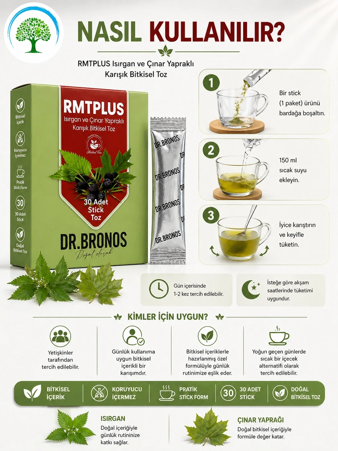 ÇareBurada | Dr. Bronos RMT Plus Isırgan ve Çınar Yapraklı Karışık Bitkisel Toz 30 Stick