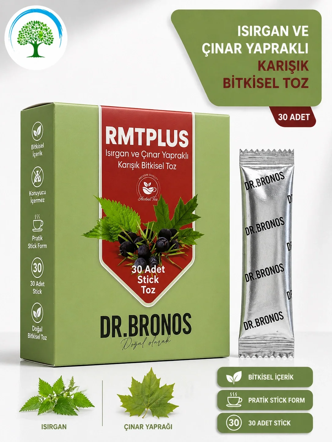 ÇareBurada | Dr. Bronos RMT Plus Isırgan ve Çınar Yapraklı Karışık Bitkisel Toz 30 Stick