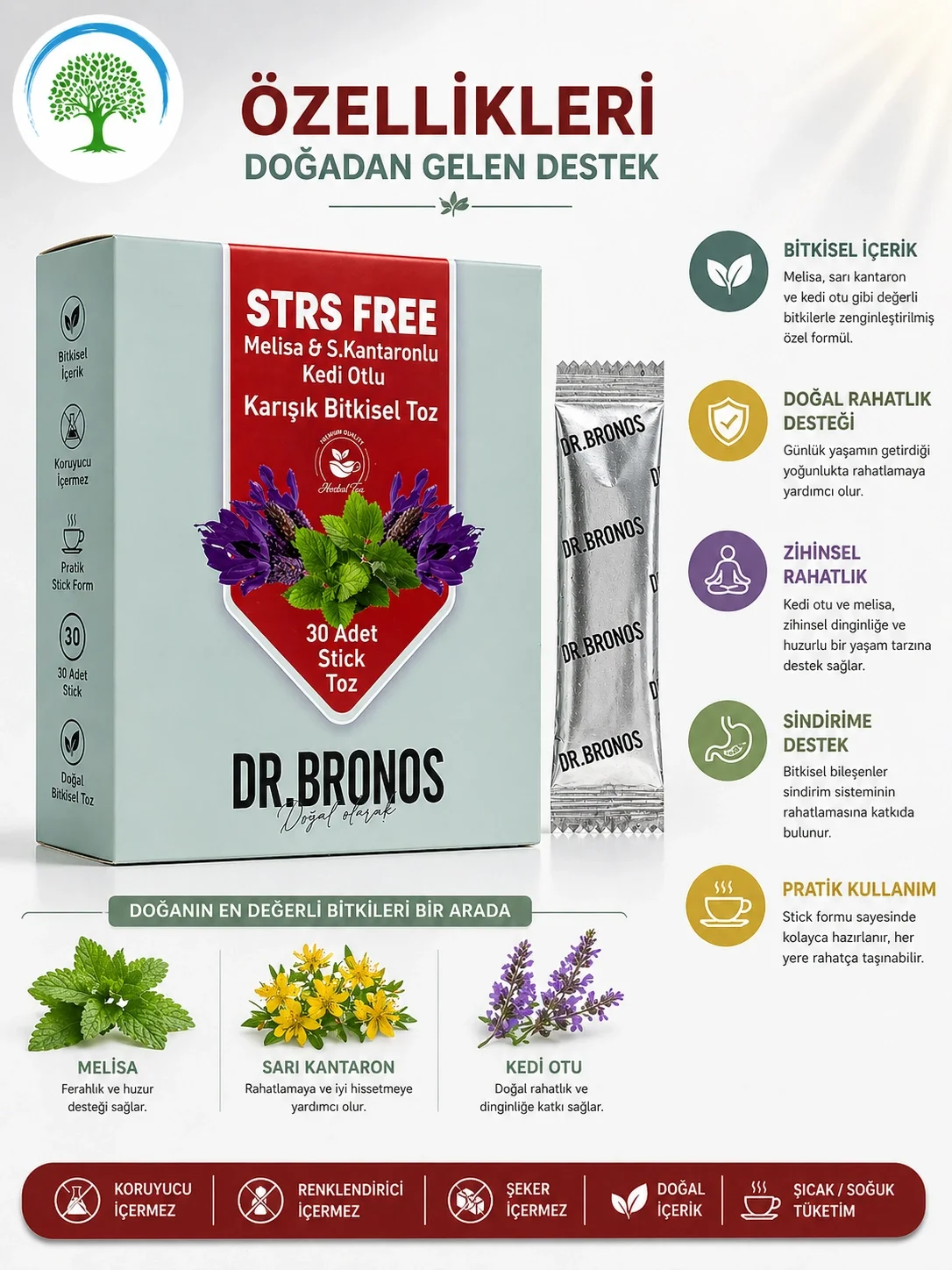 ÇareBurada | Dr. Bronos STRS FREE Melisa, Sarı Kantaron, Kedi otlu Karışık Bitkisel Toz 30 Stick