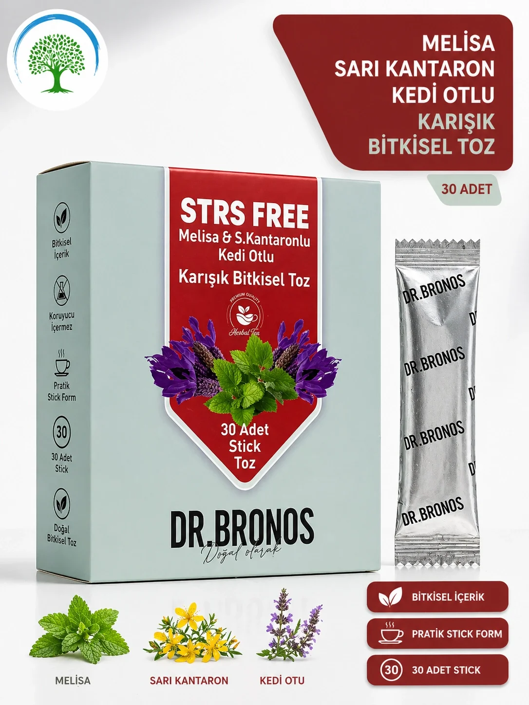 ÇareBurada | Dr. Bronos STRS FREE Melisa, Sarı Kantaron, Kedi otlu Karışık Bitkisel Toz 30 Stick