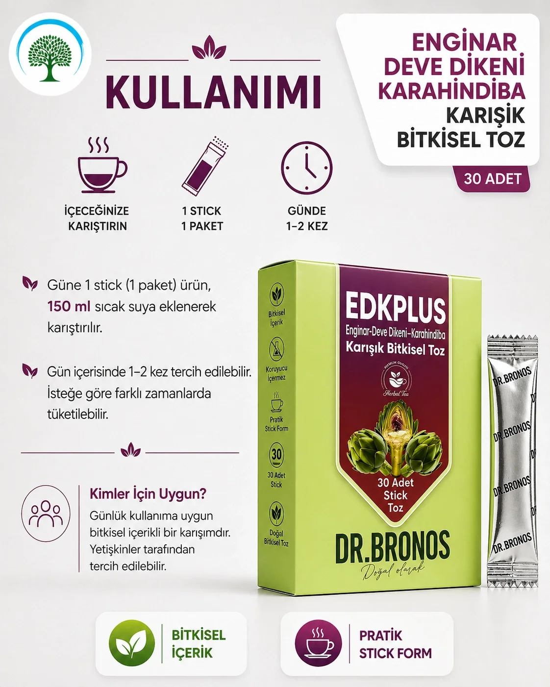 ÇareBurada | Dr. Bronos EDKPLUS Enginar, Devedikeni, Karahindiba Karışık Bitkisel Toz 30 Stick