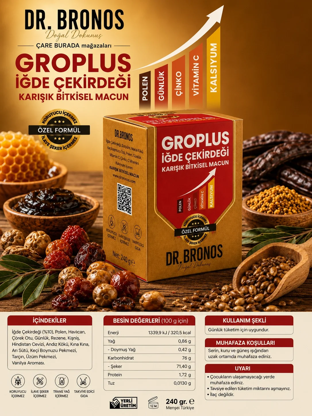 Dr. Bronos - GROPLUS İğde Çekirdeği Karışık Bitkisel Macun 240 Gr (Polen & Günlük & Çinko & Kalsiyum)