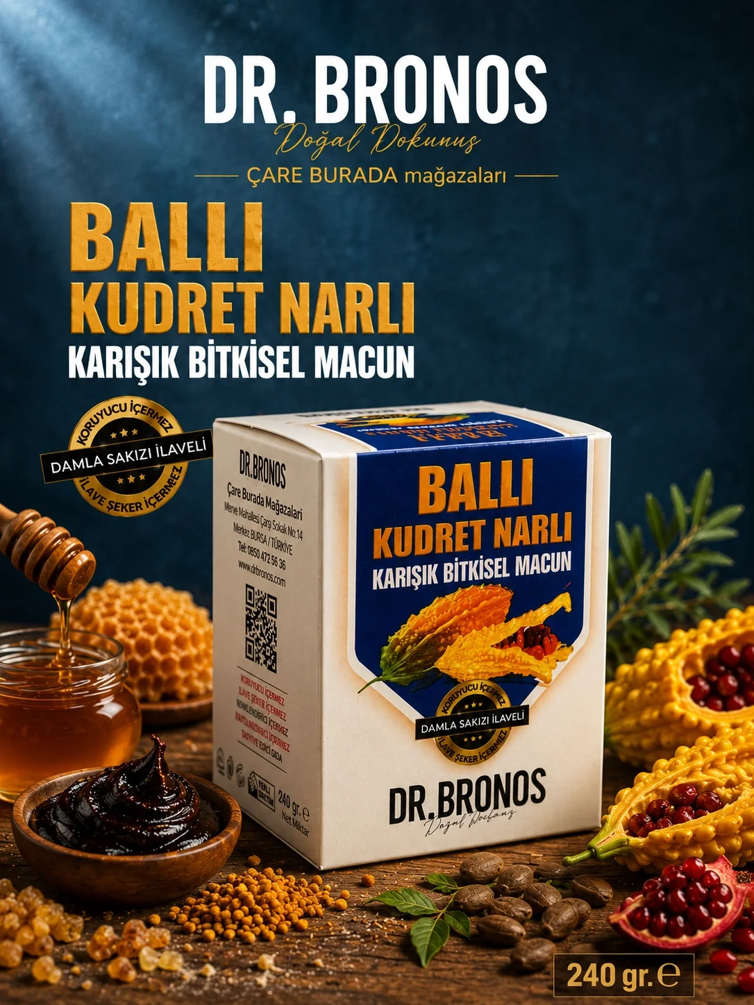 Dr. Bronos - Ballı Kudret Narlı Karışık Bitkisel Macun 240 Gr (Polen & Damla Sakızı & Kantaron)