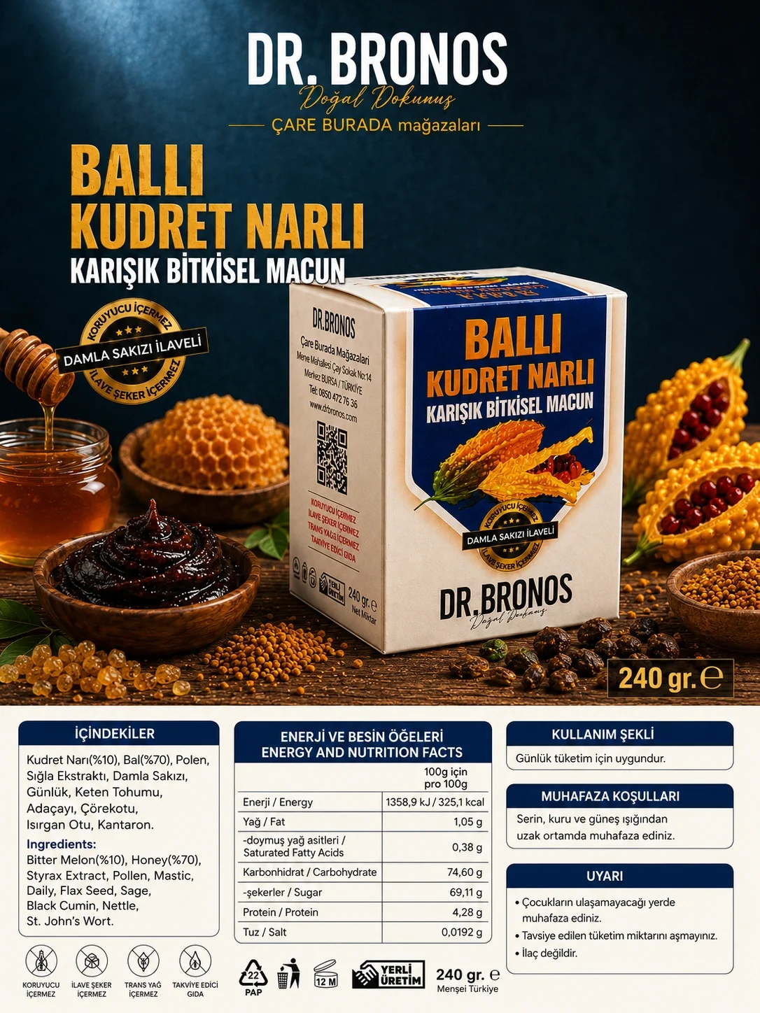 Dr. Bronos - Ballı Kudret Narlı Karışık Bitkisel Macun 240 Gr (Polen & Damla Sakızı & Kantaron)