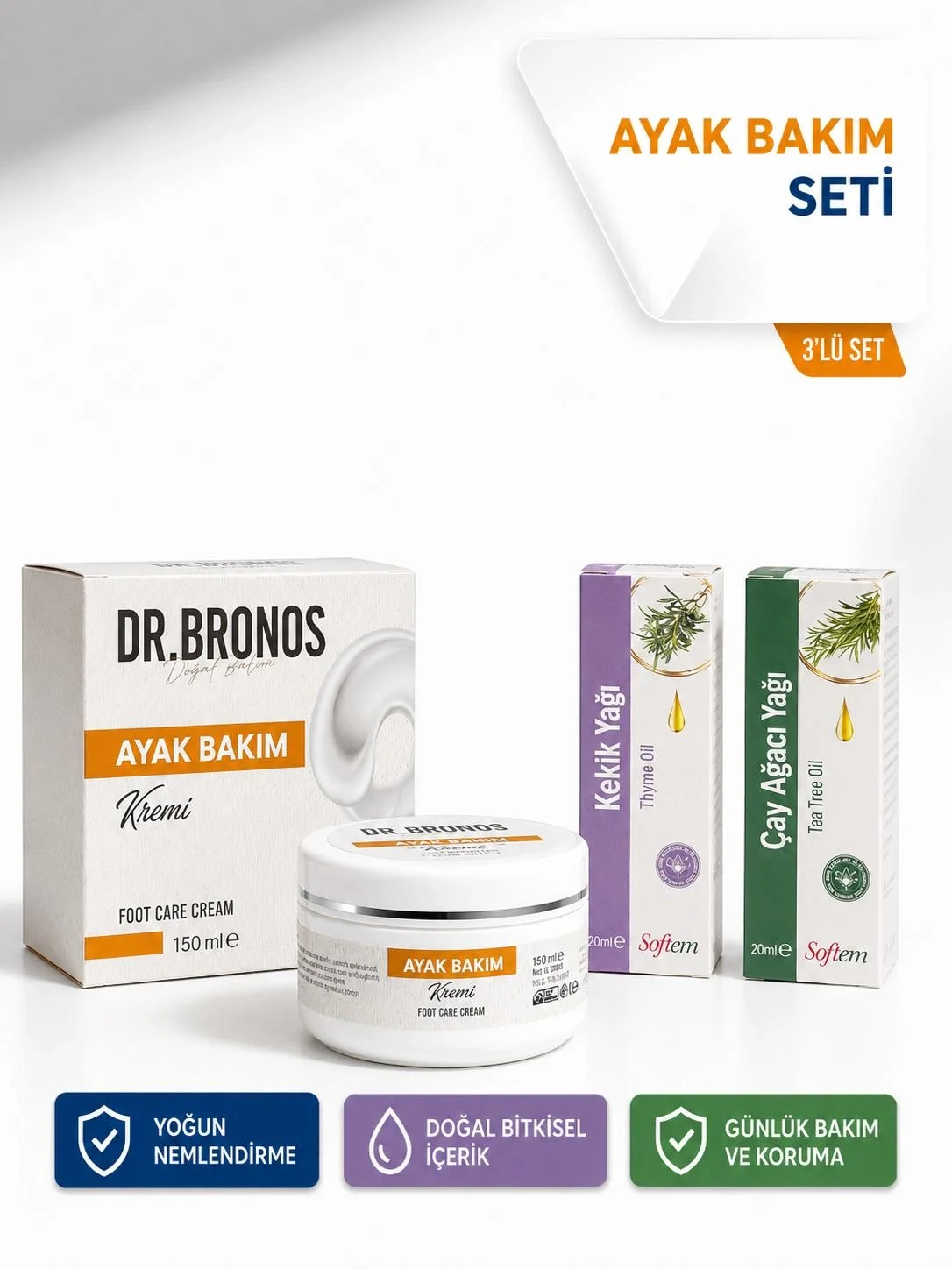 Ayak Bakım ve Nemlendirme Seti | DR.BRONOS Ayak Bakım Kremi 150 ml & Kekik Yağı 20 ml & Çay Ağacı Yağı 20 ml