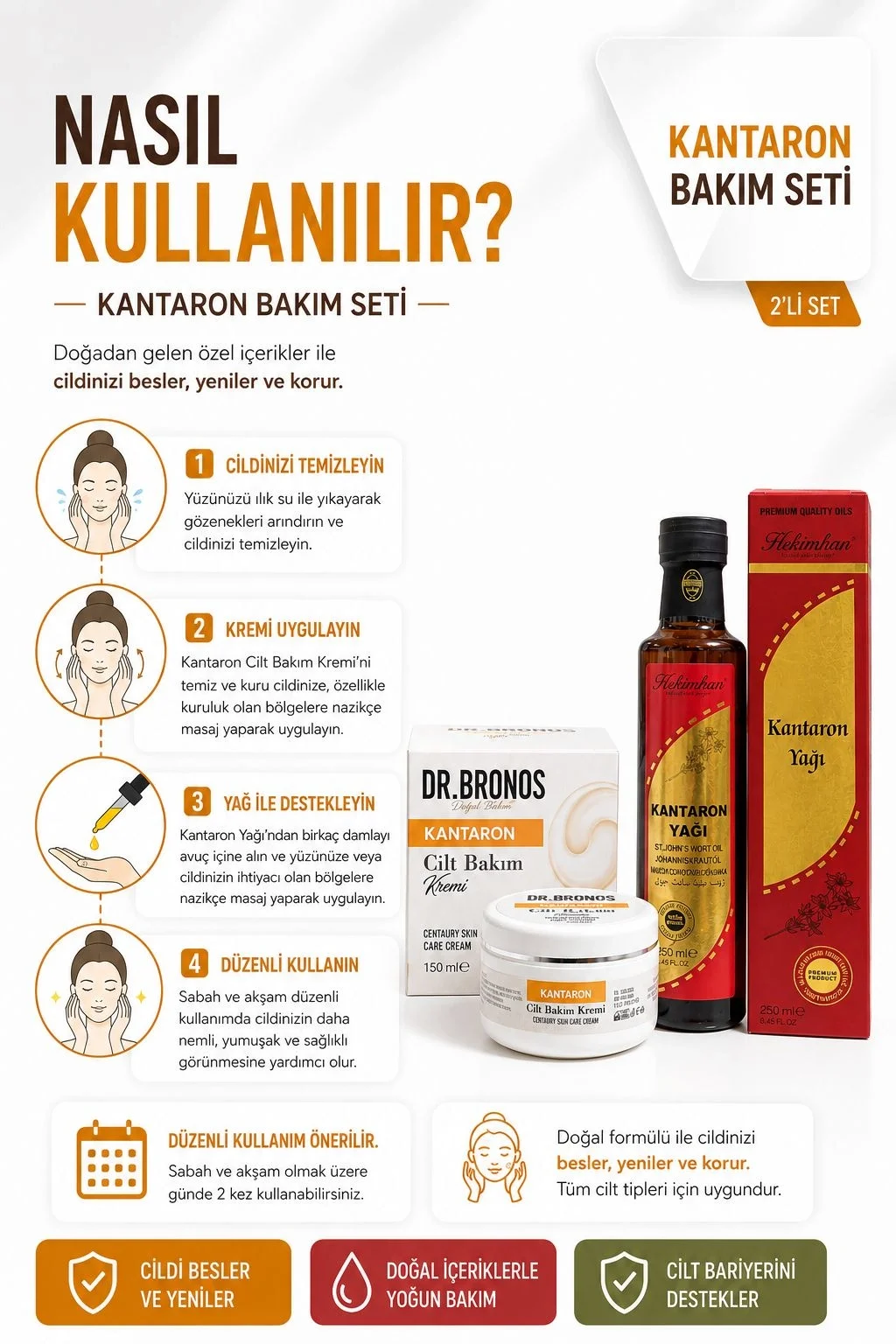 DR.BRONOS Kantaron Cilt Bakım Kremi 150 ml & Hekimhan Kantaron 250 ml