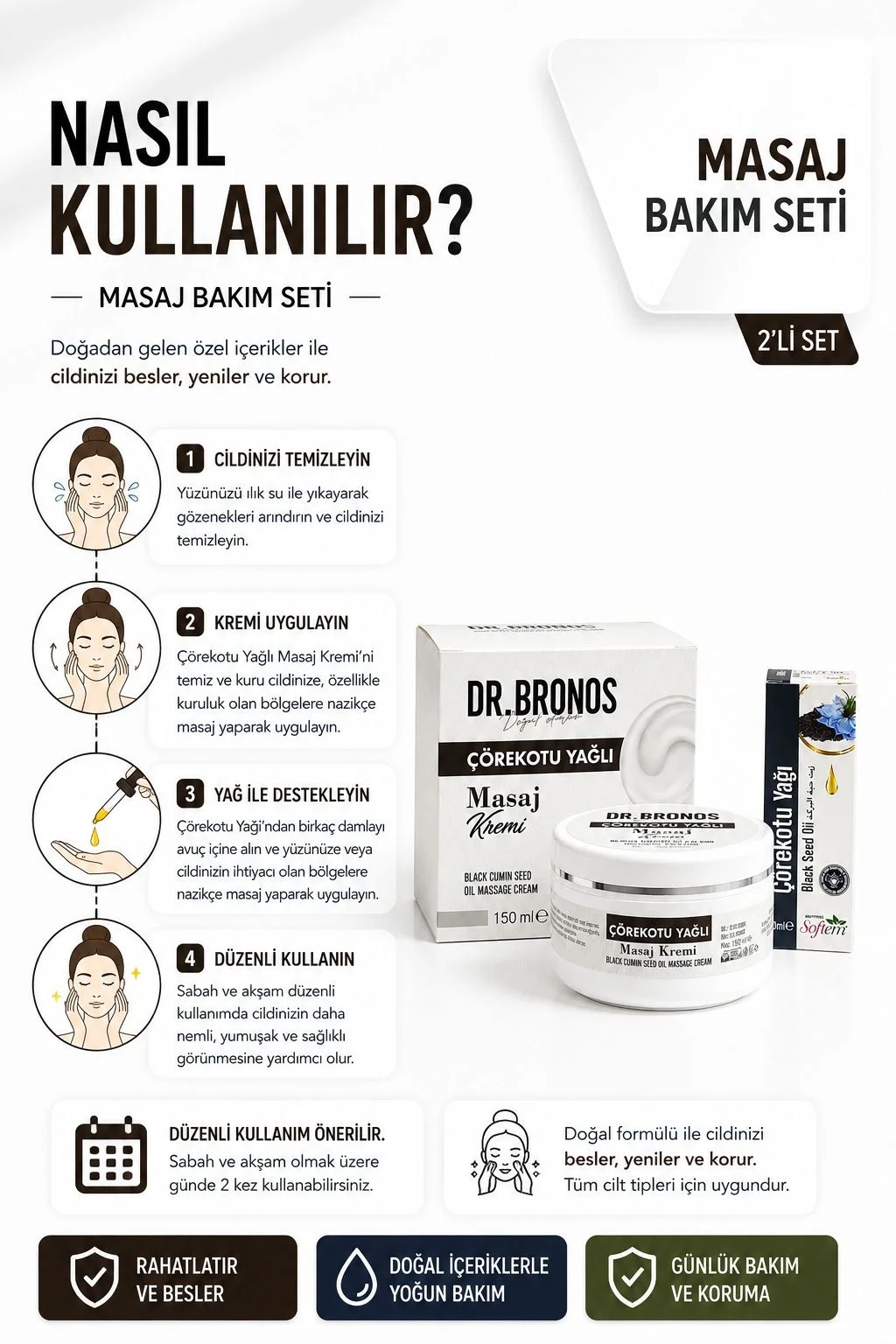 DR.BRONOS Çörekotu Yağlı Masaj Kremi 150 ml & Çörekotu Yağı 20 ml