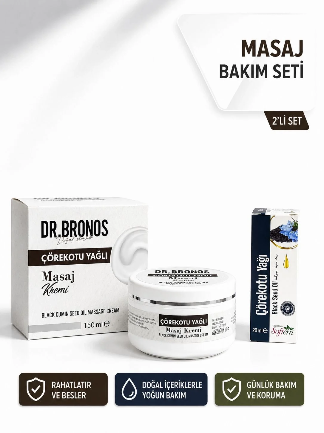DR.BRONOS Çörekotu Yağlı Masaj Kremi 150 ml & Çörekotu Yağı 20 ml