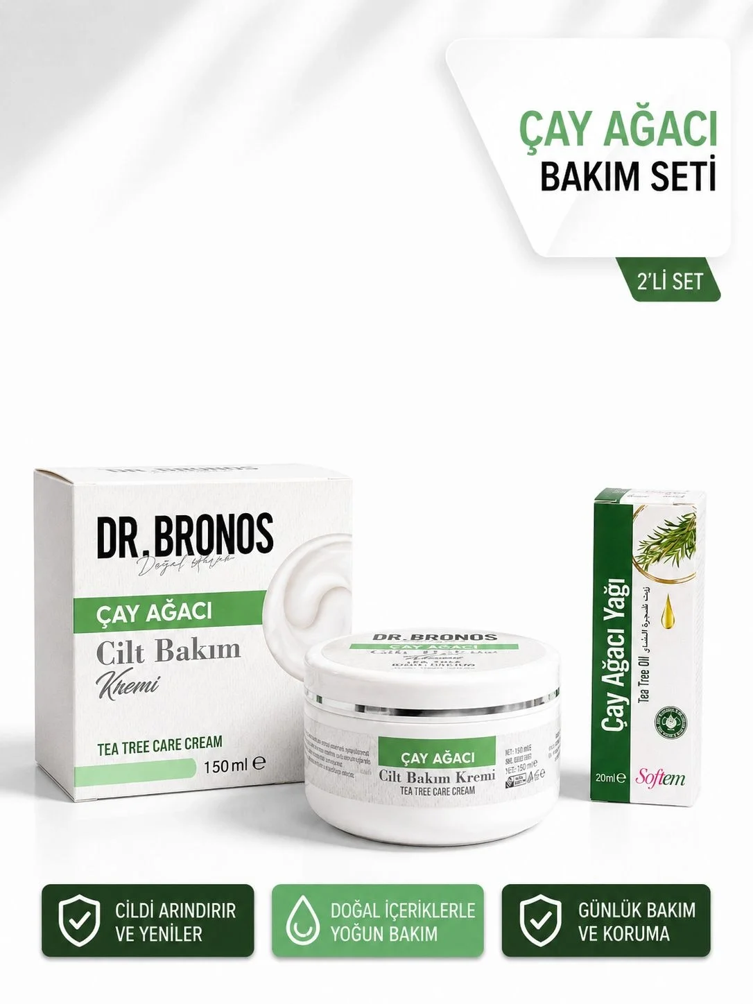 DR.BRONOS Çay Ağacı Cilt Bakım Kremi 150 ml. | Softem Çay Ağacı Yağı 20 ml.