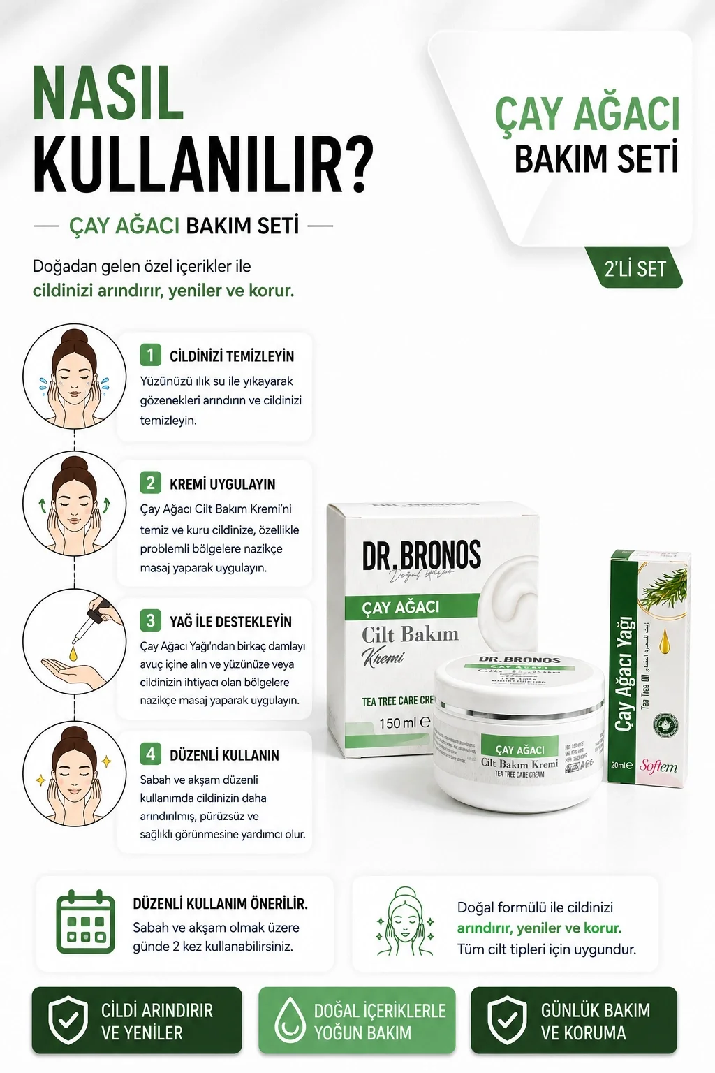 DR.BRONOS Çay Ağacı Cilt Bakım Kremi 150 ml. | Softem Çay Ağacı Yağı 20 ml.