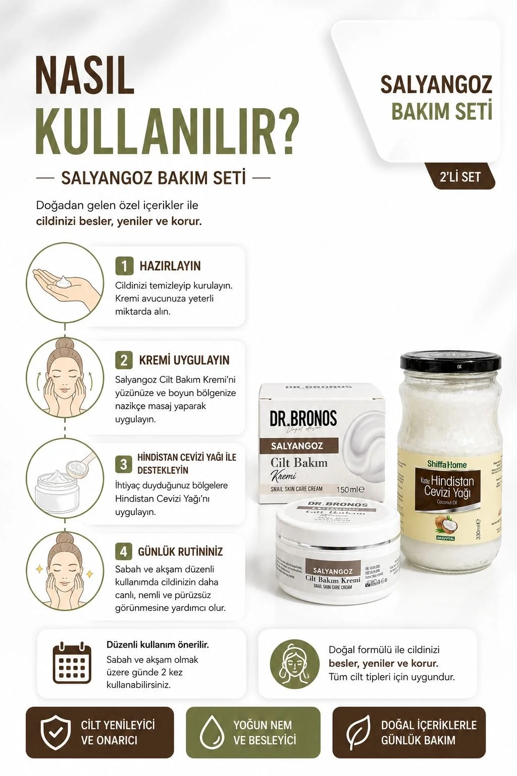 DR.BRONOS Salyangoz Cilt Bakım Kremi 150 ml. | ShiffaHome Hindistan Cevizi Yağı 330 ml.