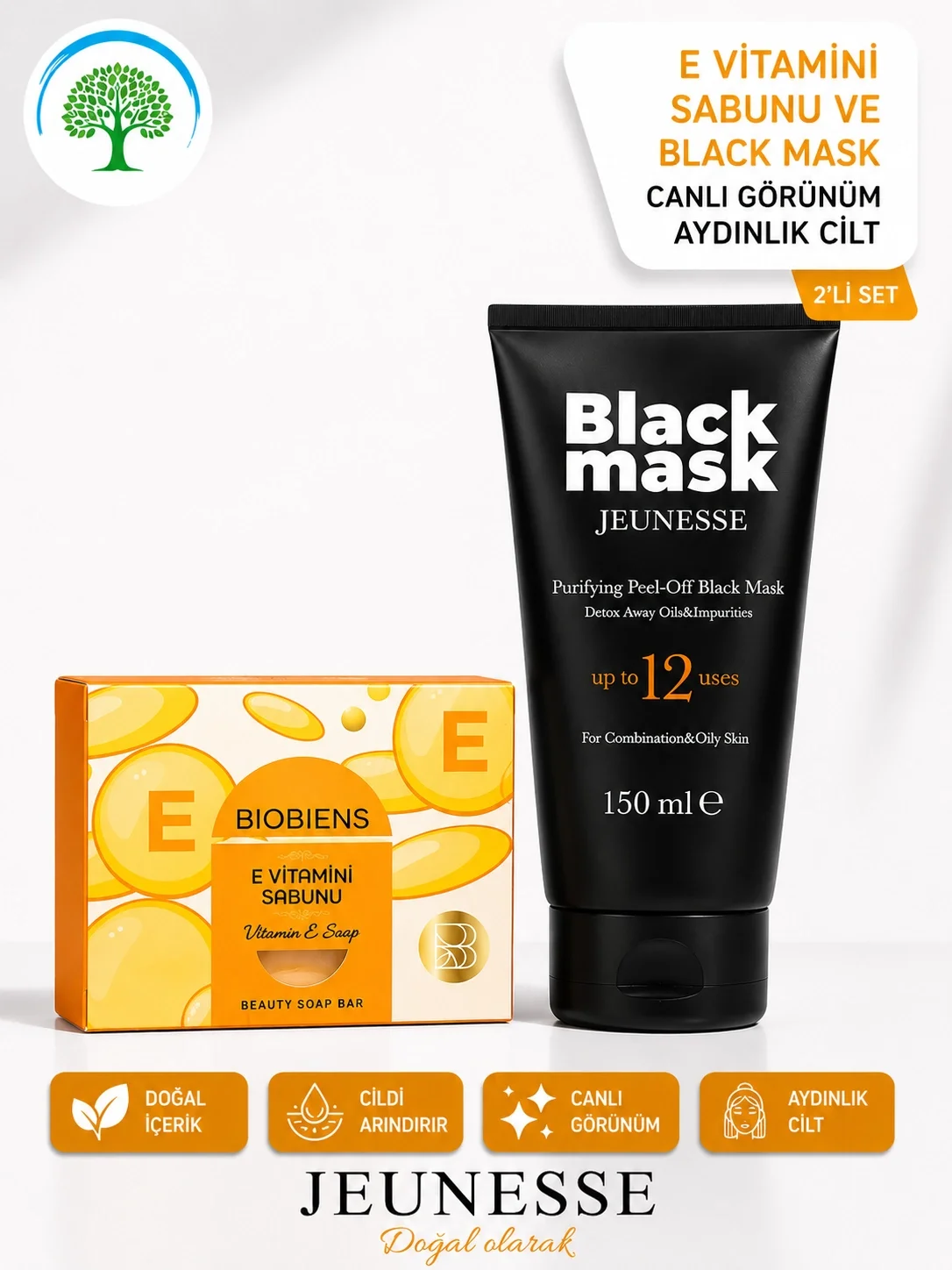 Jeunesse Black Mask 150 ml & Biobiens E Vitamini Sabunu 2'li Premium Cilt Bakım Seti