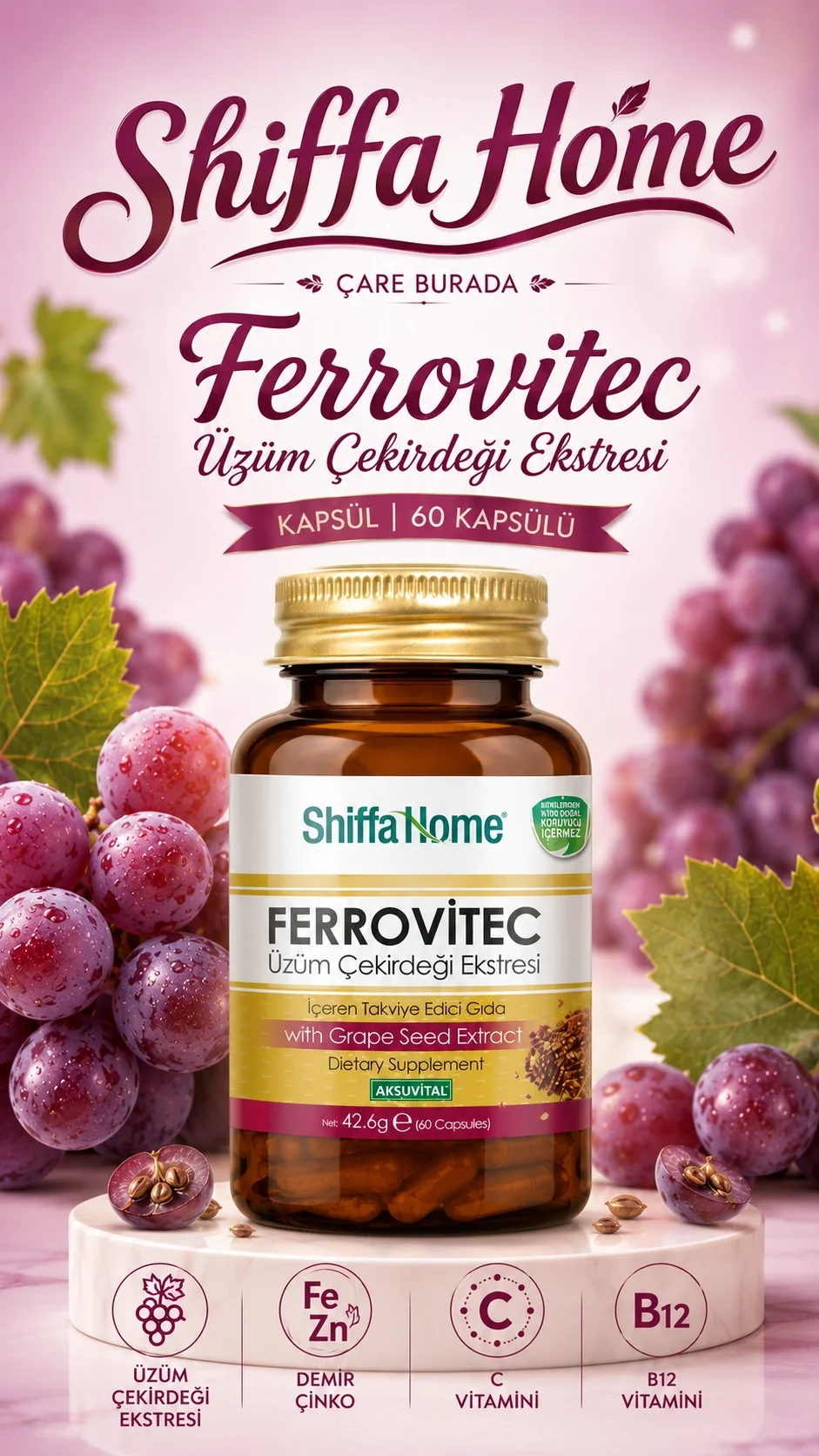 Ferrovitec Üzüm Çekirdeği Ekstresi Kapsül (60 Kapsül) (Demir & Çinko & C Vitamini & B12 Vitamini)
