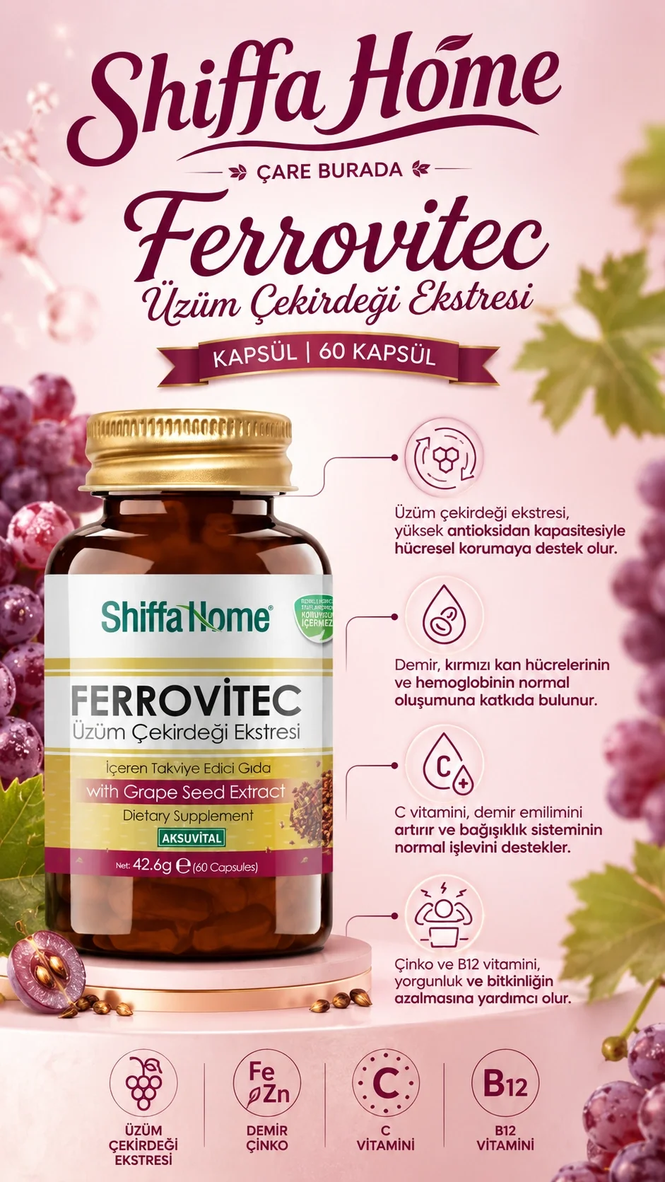Ferrovitec Üzüm Çekirdeği Ekstresi Kapsül (60 Kapsül) (Demir & Çinko & C Vitamini & B12 Vitamini)