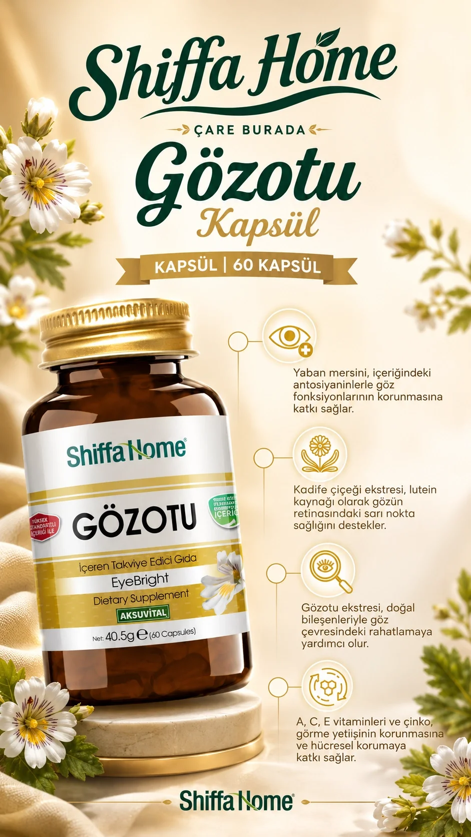 Gözotu Kapsülü (60 Kapsül) (Kadife Çiçeği & Ispanak Kurusu & Çinko & Yaban Mersini)