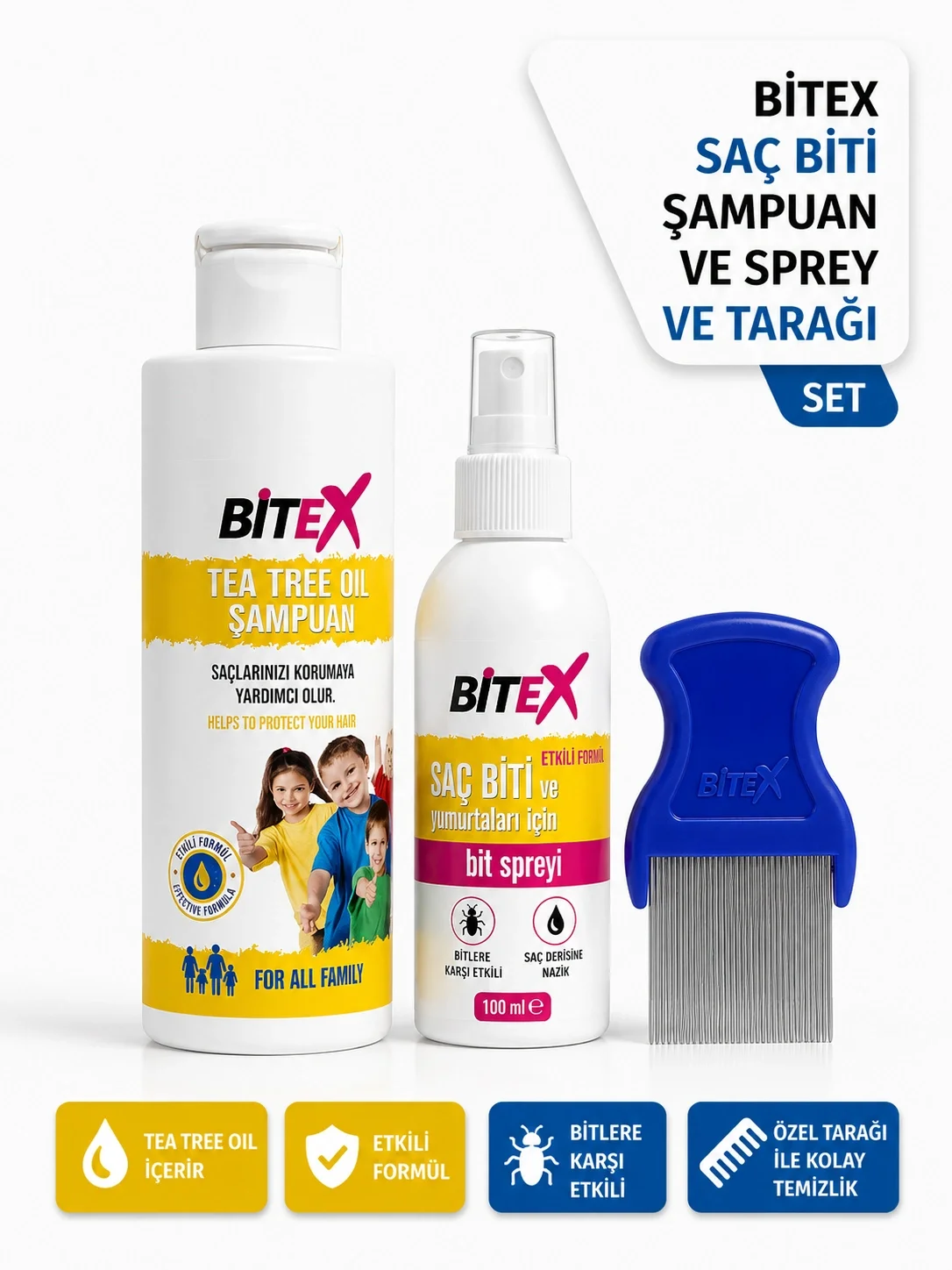 Bitex - Çay Ağacı Özlü Şampuan + Saç Biti ve Yumurtaları İçin Sprey (Tarak Hediyeli)