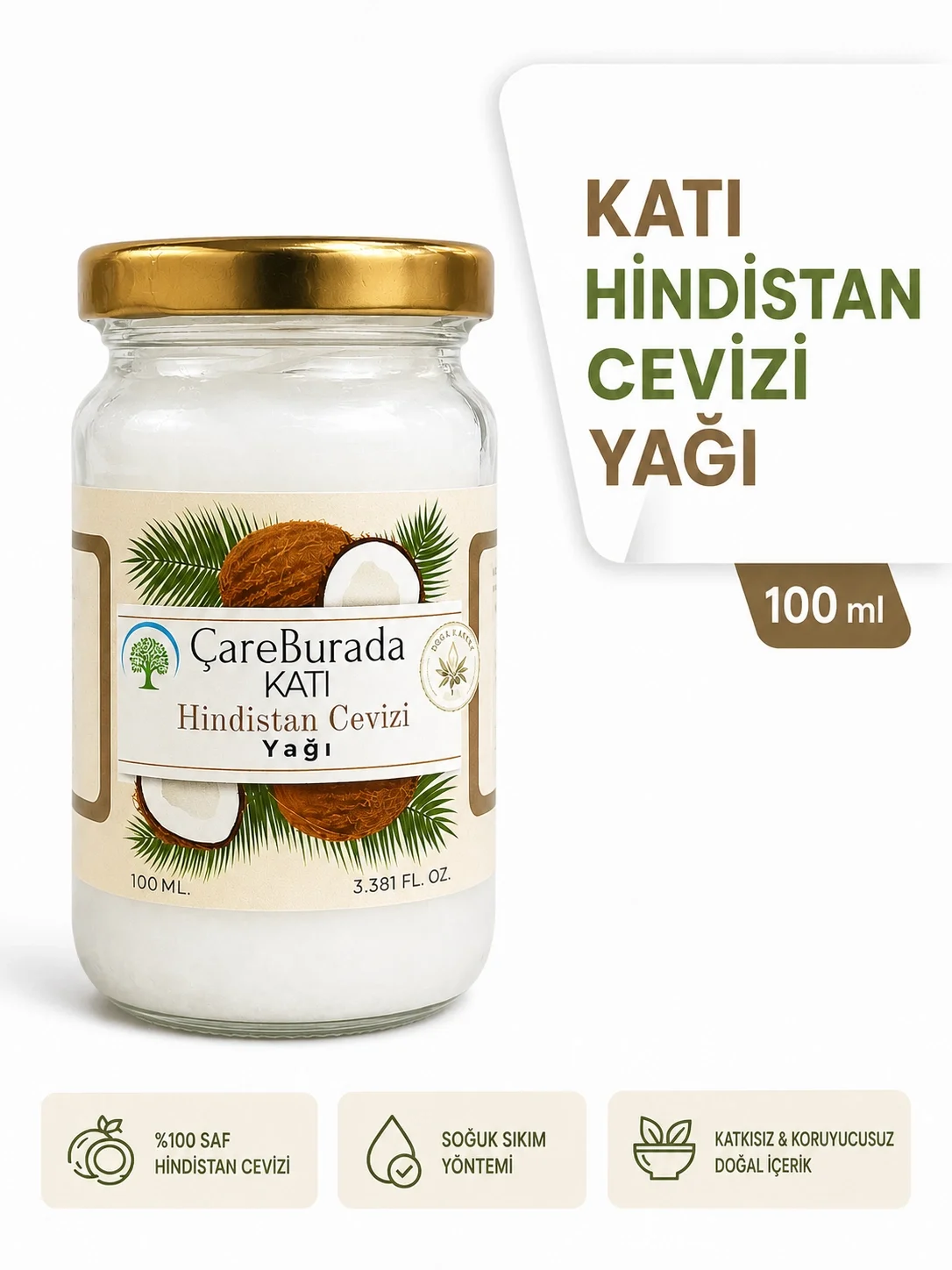 ÇareBurada Katı Hindistan Cevizi Yağı 100 ml. - Soğuk Sıkım