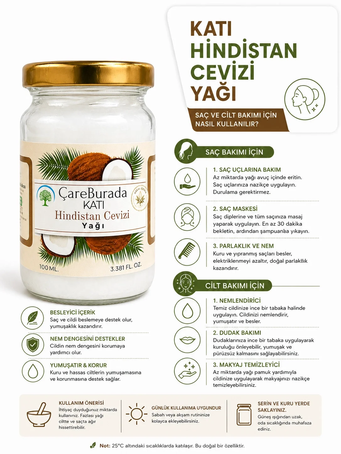 ÇareBurada Katı Hindistan Cevizi Yağı 100 ml. - Soğuk Sıkım