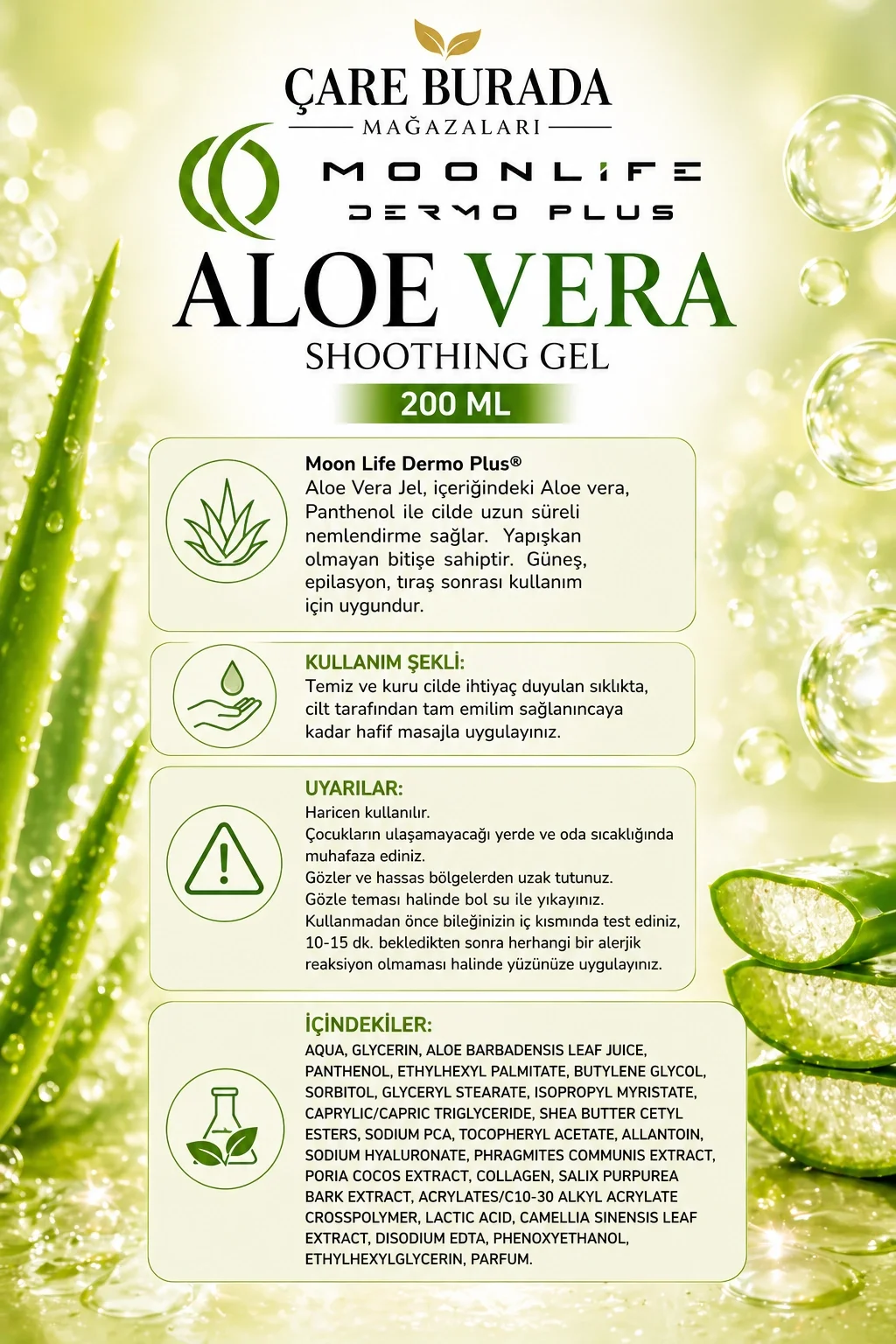 Moonlife - Aloe Vera Jel 200 Ml (Kolajen & Hyaluronic Acid & Sodium PCA)