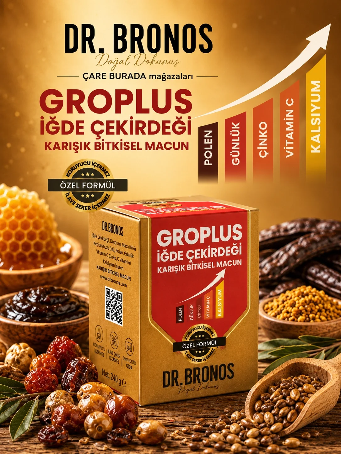 Dr. Bronos - GROPLUS İğde Çekirdeği Karışık Bitkisel Macun 240 Gr (Polen & Günlük & Çinko & Kalsiyum)