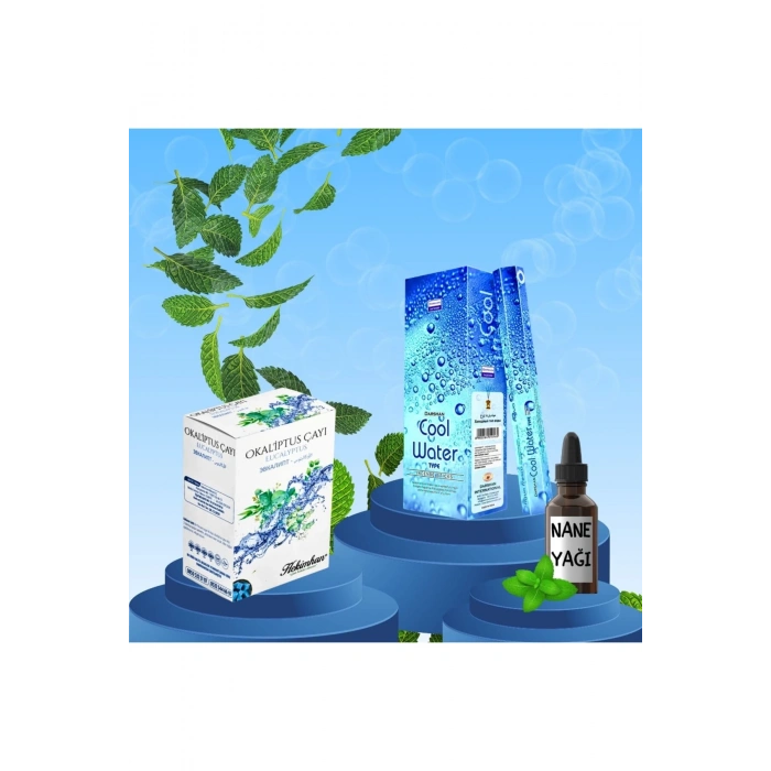 Ferah Ortam Seti Cool Water Tütsü 20 Çubuk + Okaliptüs Küp Çay + Nane Yağı 20 ml