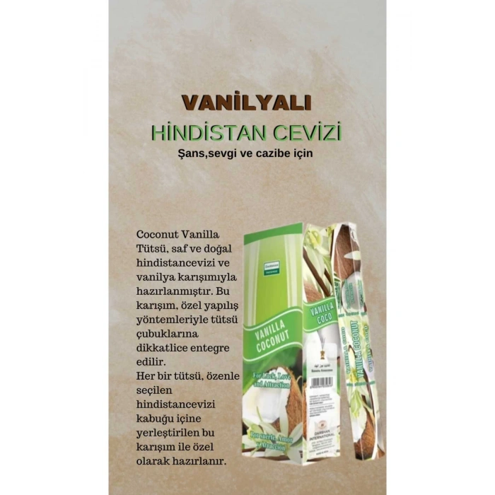 Vanilyalı Hindistan Cevizi ( Şans, Sevgi ve Cazibe ) Tütsüsü 20 Çubuk