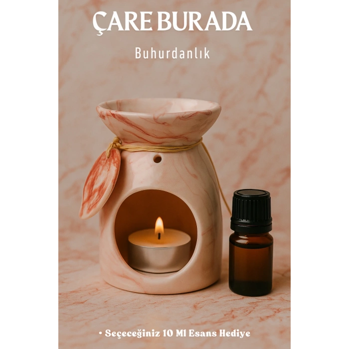 Kırmızı Mermer Desenli Yapraklı Buhurdanlık (Seçeceğiniz 10 Ml Esans Hediye)