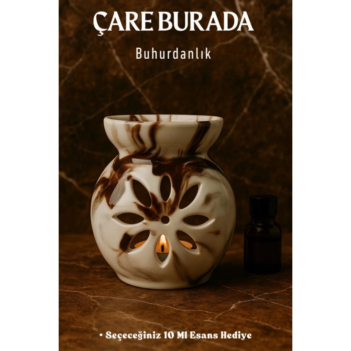 Kahverengi Mermer Desenli Buhurdanlık (Seçeceğiniz 10 Ml Esans Hediye)