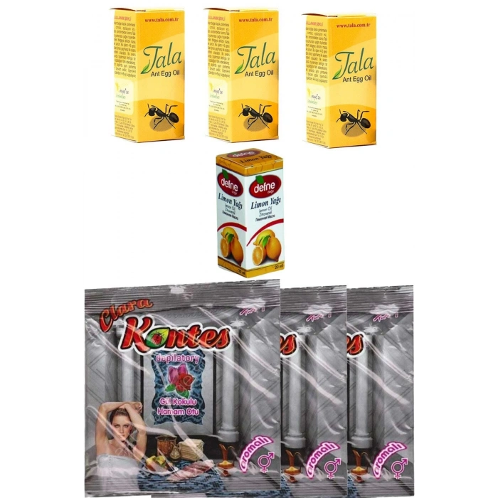 Aktarfan Unisex Vücut Bakım Seti 3 Adet Karınca Yumurta Yağı 3 Adet Hamam Tozu Tüy Dökücü 1 Lmn Yağı