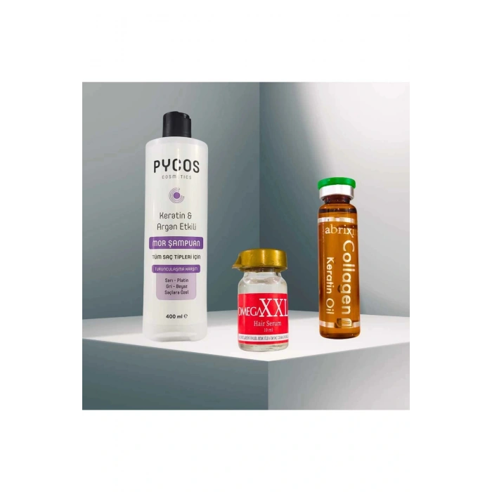 Mor Şampuan Destekli Saç Bakım seti Keratin Argan Etkili Mor Şampuan , XXXL, Collegen Keratin Serum