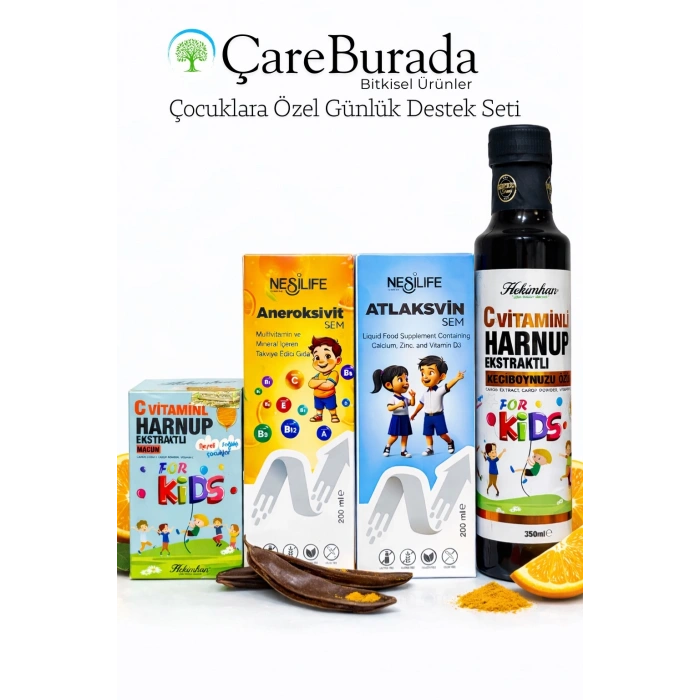 ÇareBurada Çocuklara Özel Günlük Destek Seti | Multivitamin + Kalsiyum D3 + C Vitaminli Harnup Pekmezi
