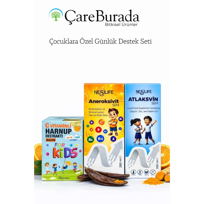ÇareBurada Çocuklara Özel Günlük Destek Seti | Multivitamin, Kalsiyum D3 ve C Vitaminli Harnup Keçiboynuzu Özü