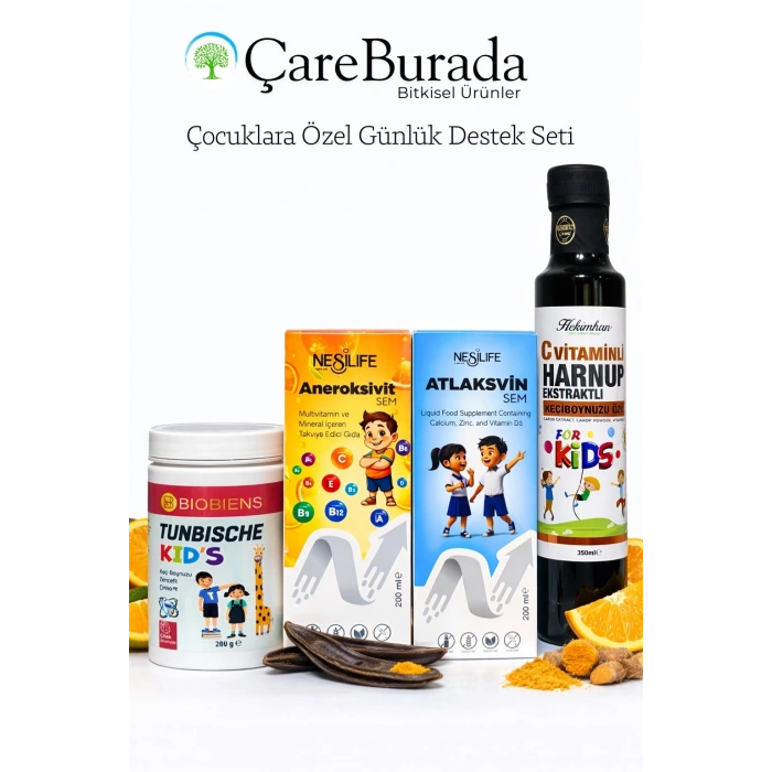 CareBurada Çocuklara Özel Günlük Destek Seti | Multivitamin, Kalsiyum D3, Keçiboynuzu ve Harnup Özü
