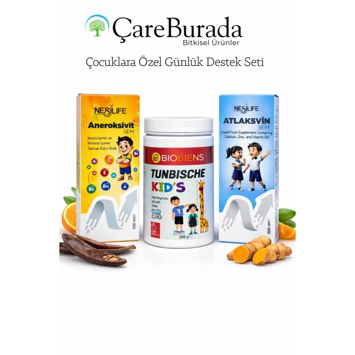 ÇareBurada Çocuklara Özel Günlük Destek Seti - Multivitamin + Kalsiyum D3 + Keçiboynuzu Tozu