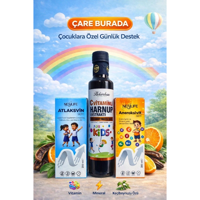 ÇareBurada Çocuklara Özel Günlük Destek Seti | Multivitamin + Kalsiyum D3 + C Vitaminli Harnup Pekmezi
