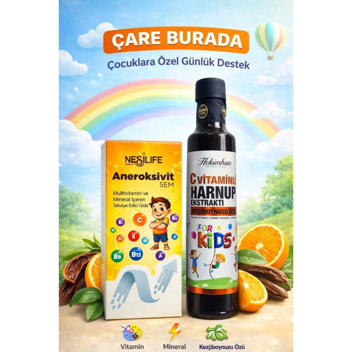 ÇareBurada Çocuklara Özel Günlük Destek Seti | Multivitamin + C Vitaminli Harnup Pekmezi