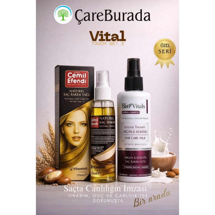 ÇareBurada Vital Touch Set 2 - CemilEfendi Saç Bakım Yağı 125 ml + BioVitals Argan & Keratin Saç Bakım Sütü