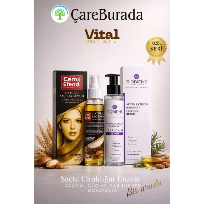 Vital Touch Set 1 - Cemil Efendi Naturel Saç Bakım Yağı 125 ml + Biobiens Argan & Keratin Saç Bakım Sütü
