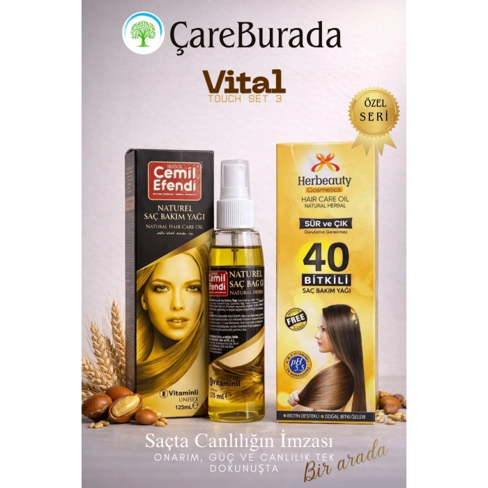 ÇareBurada Vital Touch Set 3 - CemilEfendi Saç Bakım Yağı 125 ml +Herbeauty 40 Bitkili Saç Bakım Yağı Durulanmayan