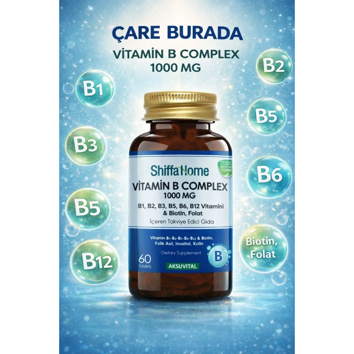 B Complex Kapsül 1000 mg 60 Kapsül (Biotin, Folat, Kolin, Vitamin B1, B2, B3, B5, B6, B12)