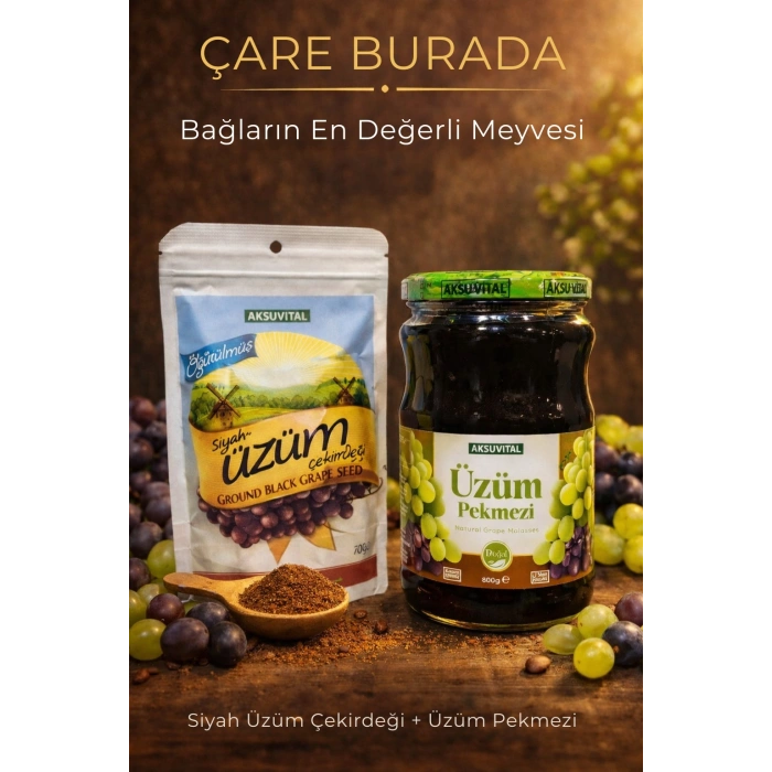 ÇareBurada Vital Üzüm Pekmezi 800 g  + Öğütülmüş Siyah Üzüm Çekirdeği 100 g