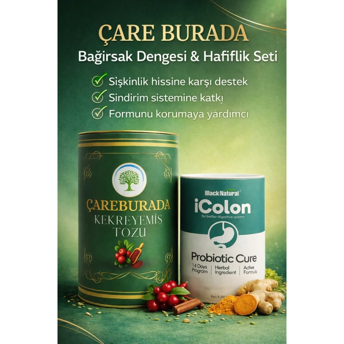 ÇareBurada Bağırsak Dengesi & Hafiflik Seti Kekreyemiş Tozu 8 g x 20 stick + iColon Probiyotik 240 G