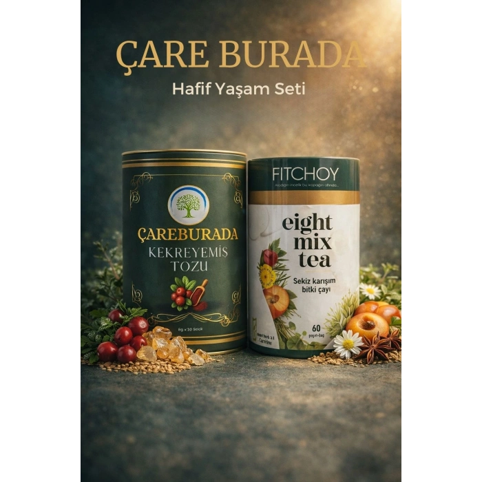 ÇareBurada Hafiflik Seti - ÇareBurada Kekreyemiş Tozu 8 g x 20 stick + Fıtchoy Eight Mix Tea 60 Poşet