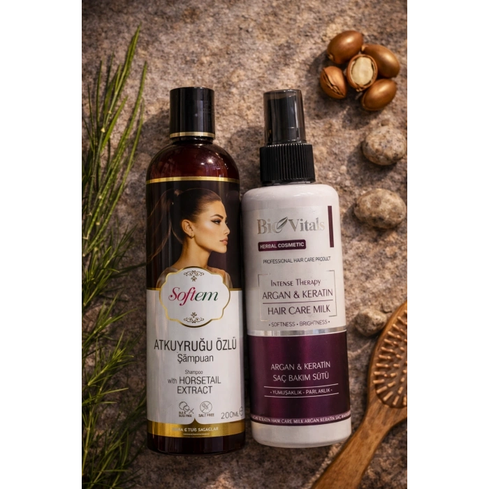 ÇareBurada Atkuyruğu Özlü Şampuan 400 ml + BioVitals Argan Keratin Saç Bakım Sütü 250 ml