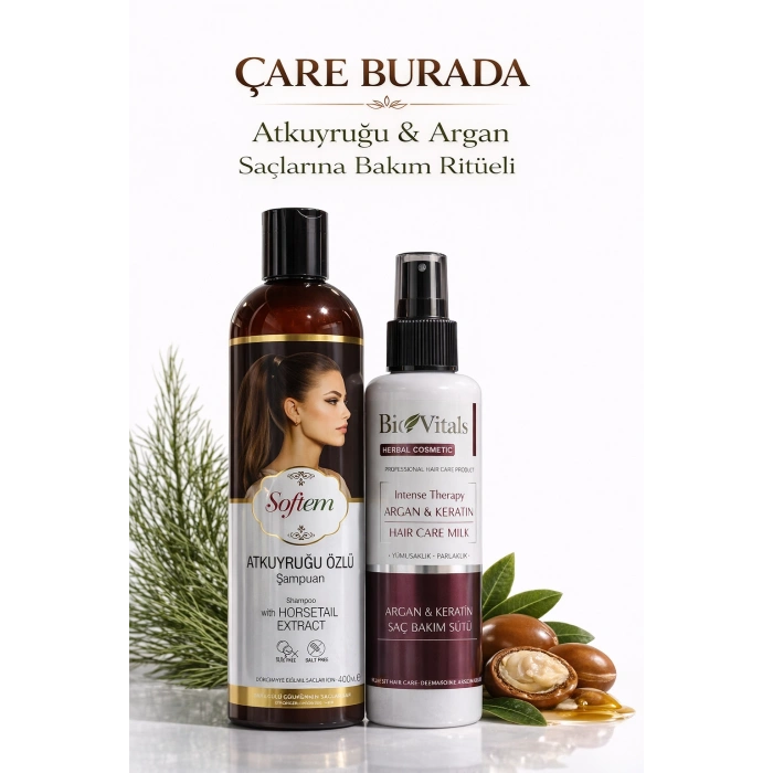 ÇareBurada Atkuyruğu Özlü Şampuan 400 ml + BioVitals Argan Keratin Saç Bakım Sütü 250 ml