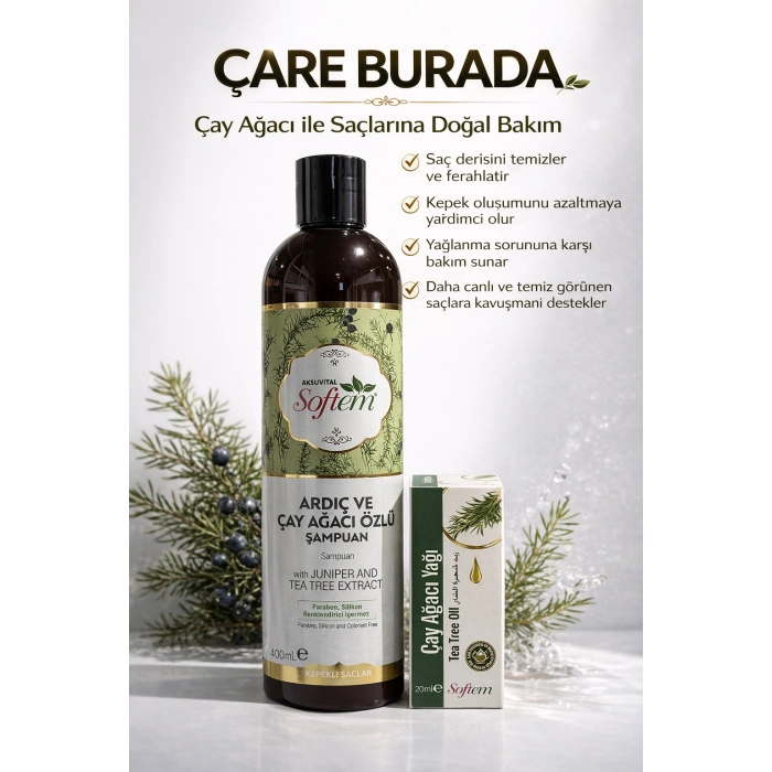 ÇareBurada Ardıç ve Çay Ağacı Özlü Şampuan 400 ml + Çay Ağacı Yağı 20 ml